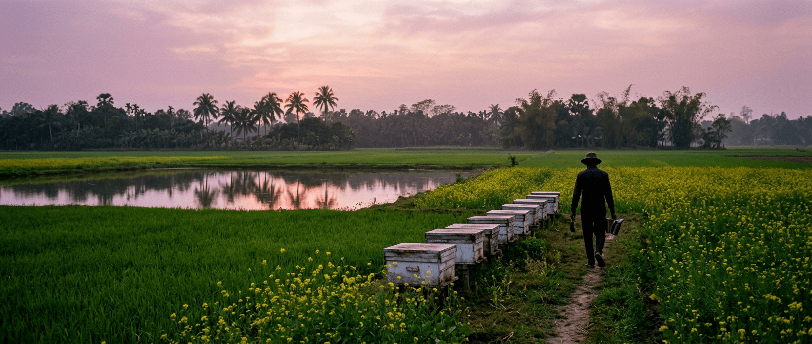 Dusk over a Bengal paddy field with a row of white beehives and a beekeeper walking beside them