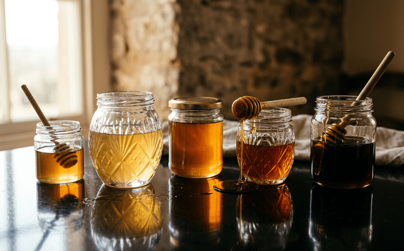 Jars of honey in shades from pale gold to near-black, with wooden dippers, on a dark glossy table