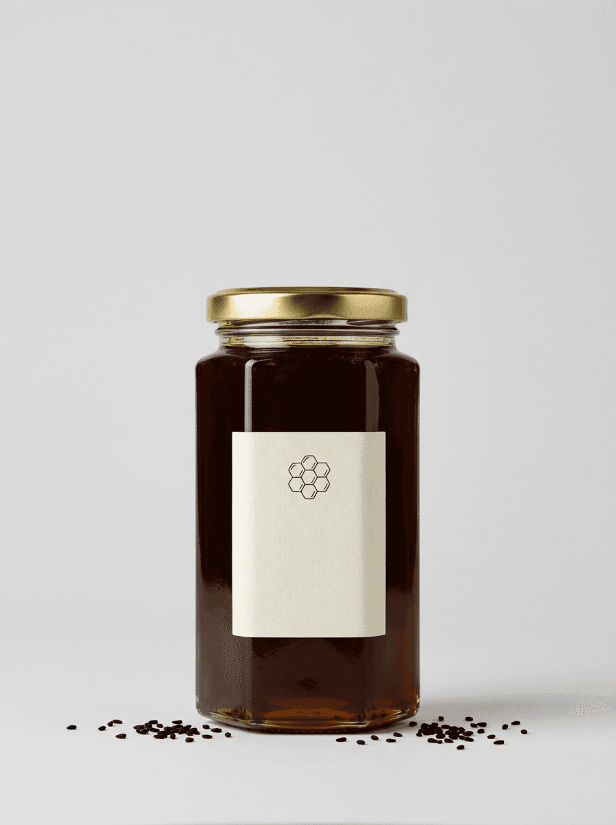 A tall jar of very dark honey with black cumin seeds scattered at its base