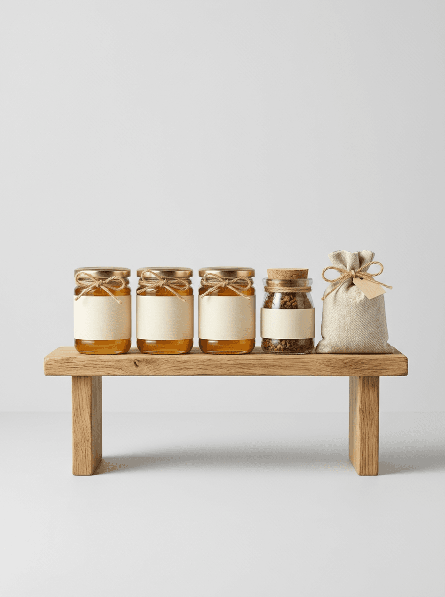 Honey jars, a glass jar of jaggery and a small linen pouch on a low wooden shelf