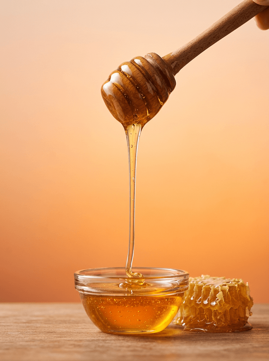 A wooden dipper lifting a ribbon of golden honey over a glass bowl, beside a piece of honeycomb