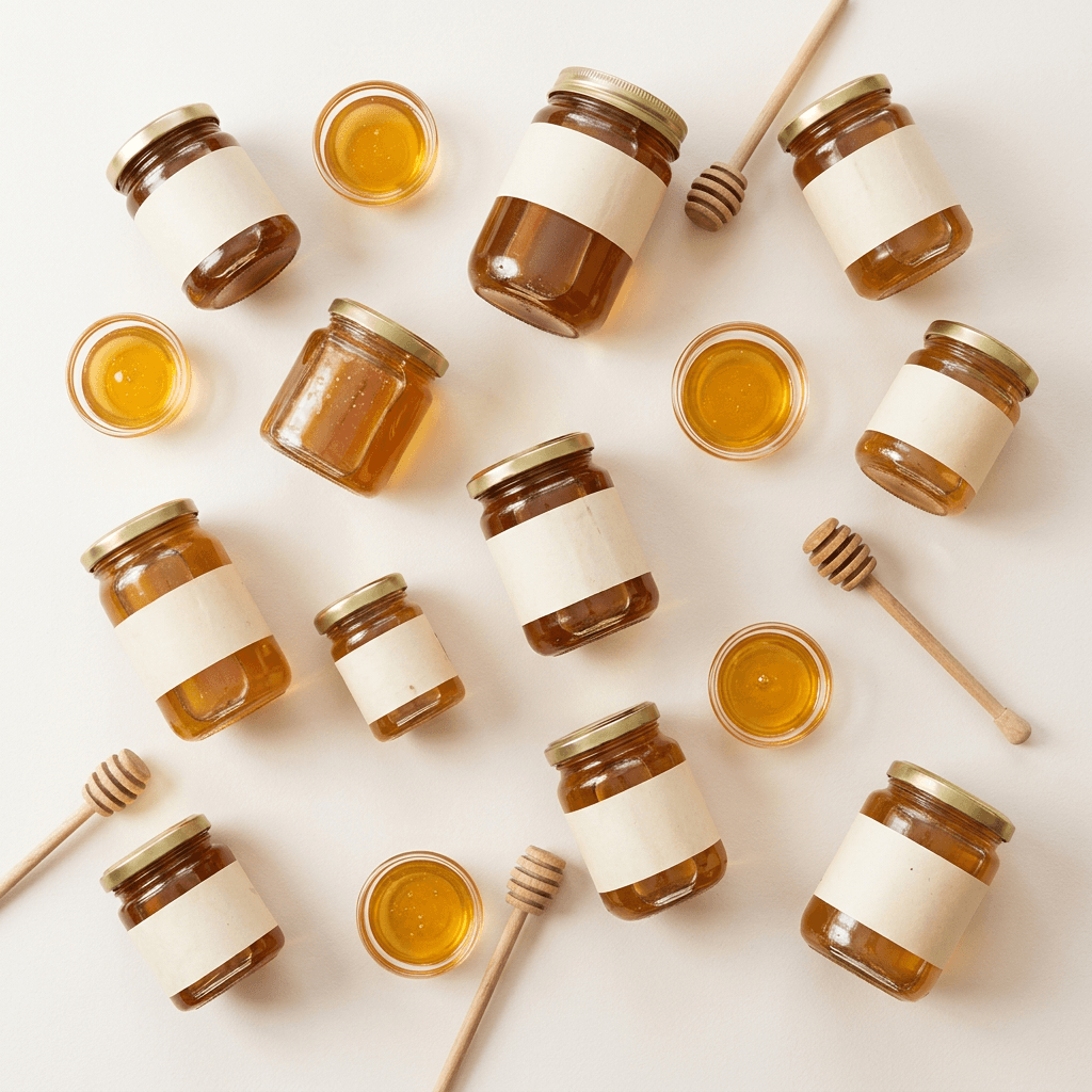 Honey jars, small glass cups of honey and wooden dippers laid out from above on a pale surface