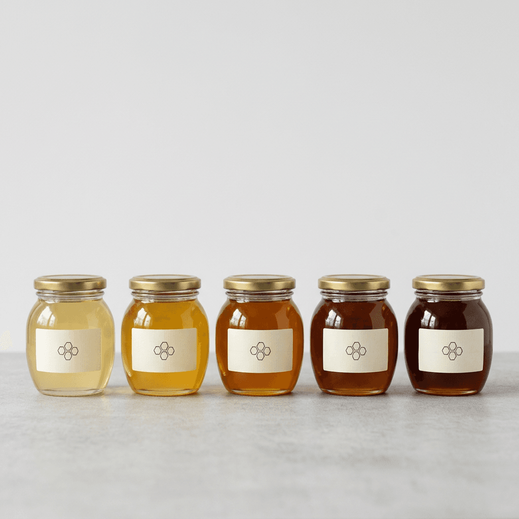 Five honey jars in a row, from pale straw to deep amber, each with a plain cream label