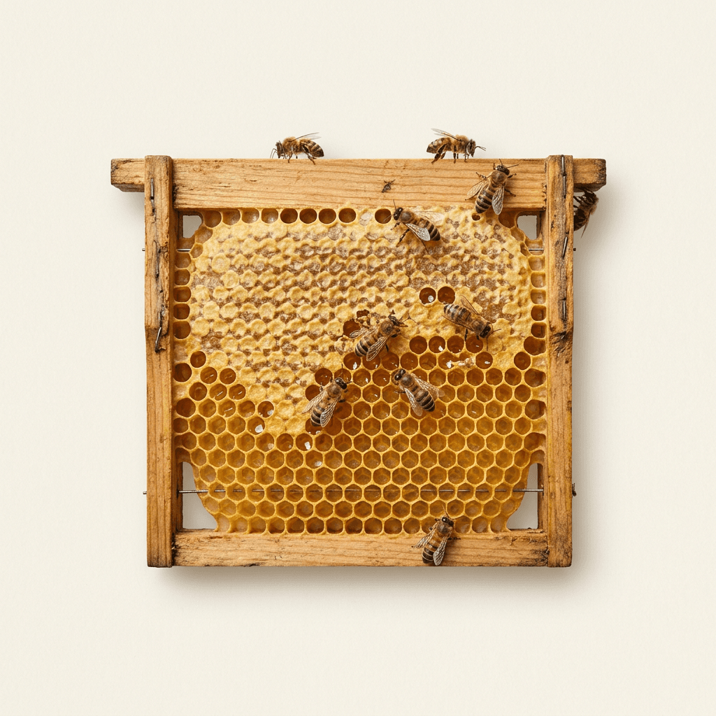 A wooden frame of golden honeycomb with honeybees on it