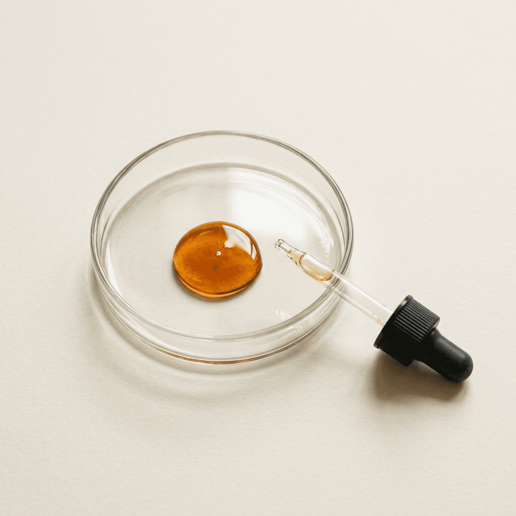 A glass dish holding a drop of amber honey beside a dropper pipette