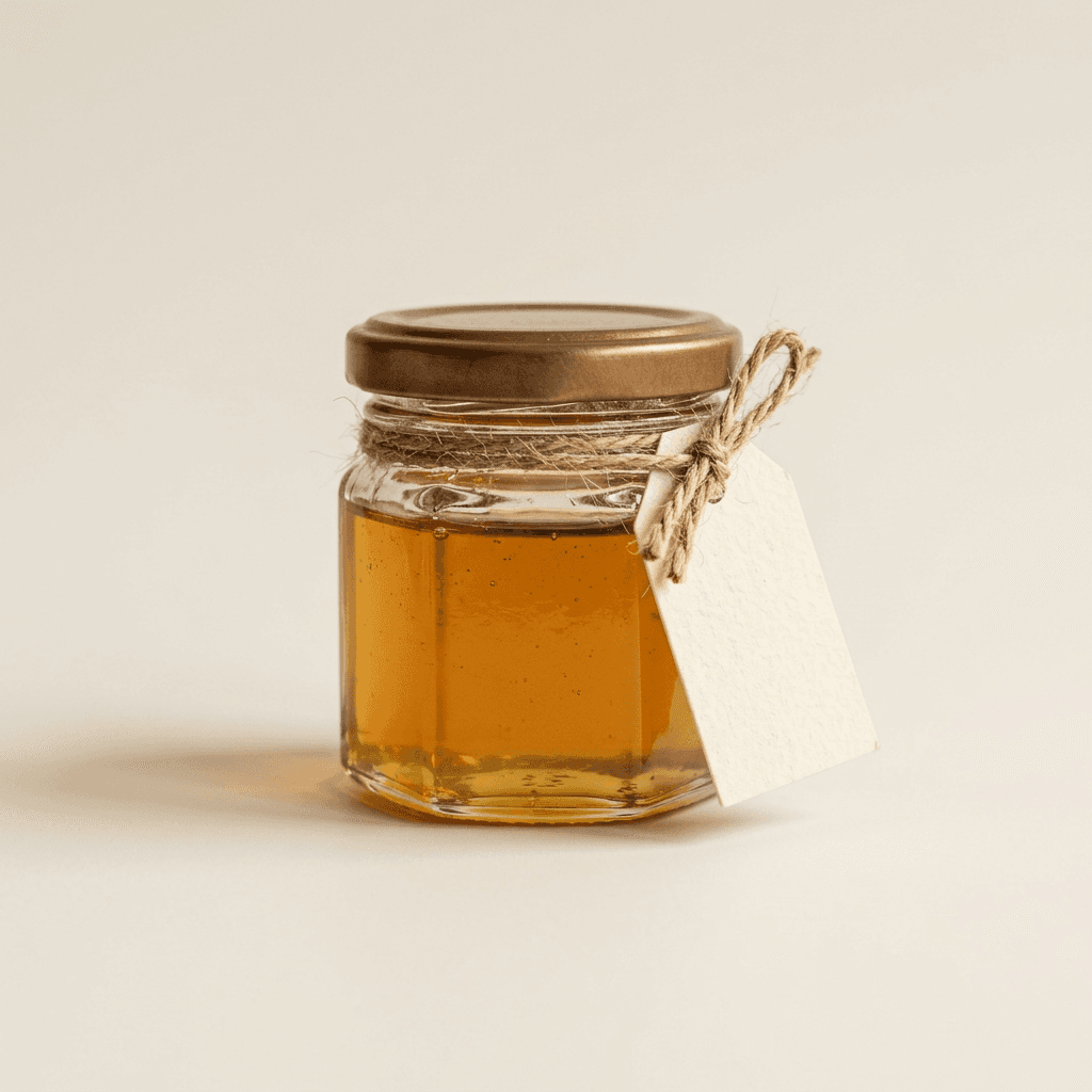 A small jar of honey with a blank paper tag tied on with twine