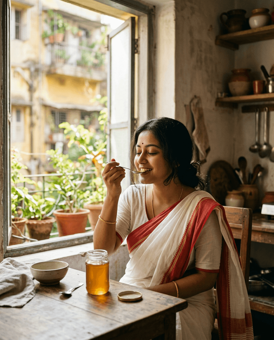 A woman in a white and red cotton saree tasting honey from a spoon at a sunlit kitchen window